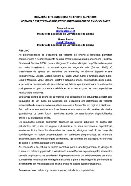 Inovação e Tecnologia no Ensino Superior: Motivos e Expectativas dos Estudantes num Curso em e-Learning