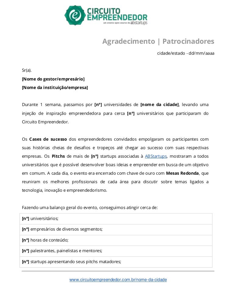 8 modelo de carta - agradecimento aos patrocinadores 8 modelo de carta - agradecimento aos patrocinadores