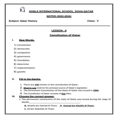 Contstitution of qatar notes for the class fifth | PDF