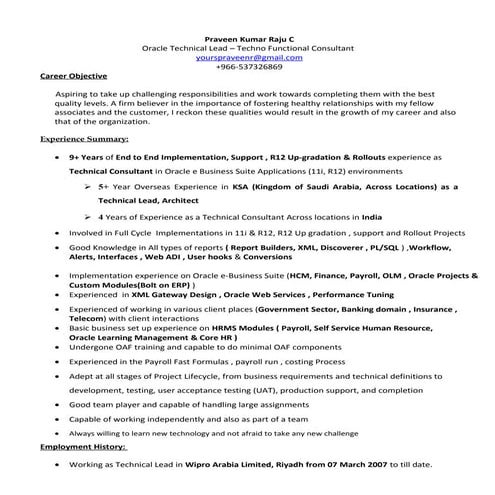 Praveen Kumar Raju Oracle HRMS Techno Functional Consultant | DOC