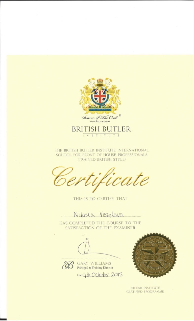 British Butler Institute Certificate Nikola Veselova