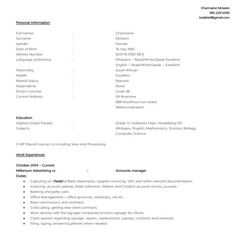 Charmaine Mclaren CV