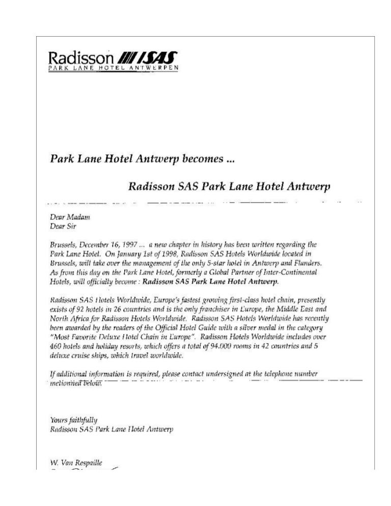Letter Re Take Over Park Lane Hotel Radisson SAS