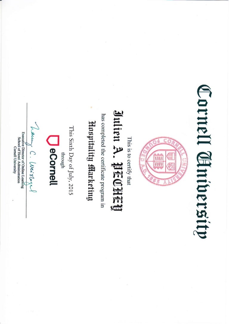 Hospitality marketing Ecornell certificate