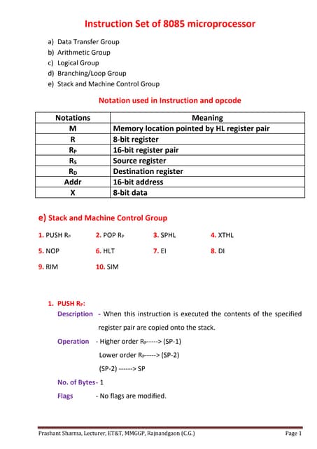 8085 stack &amp; machine control instruction