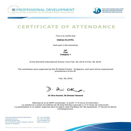 IBDO TOK WORKSHOP CERTIFICATE - FEB 2016 | PDF