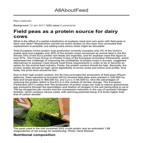 Field peas as a protein source for dairy cows