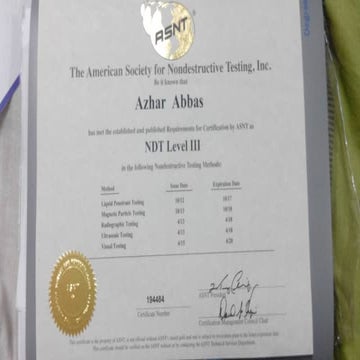 ASNT NDT LEVEL III CERTIFICATE