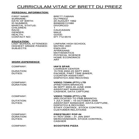 2016-JUNE - Brett du  Preez CV 