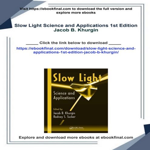 Slow Light Science and Applications 1st Edition Jacob B. Khurgin | PDF