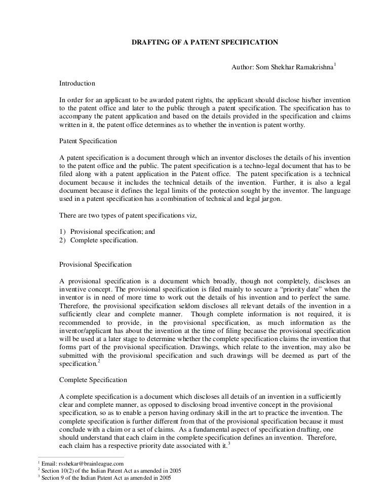 Drafting of a Patent Specification