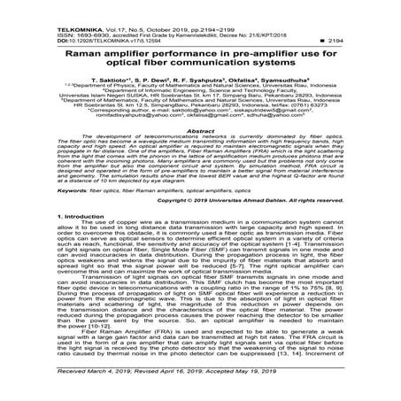 Raman amplifier performance in pre-amplifier use for optical fiber communicat...