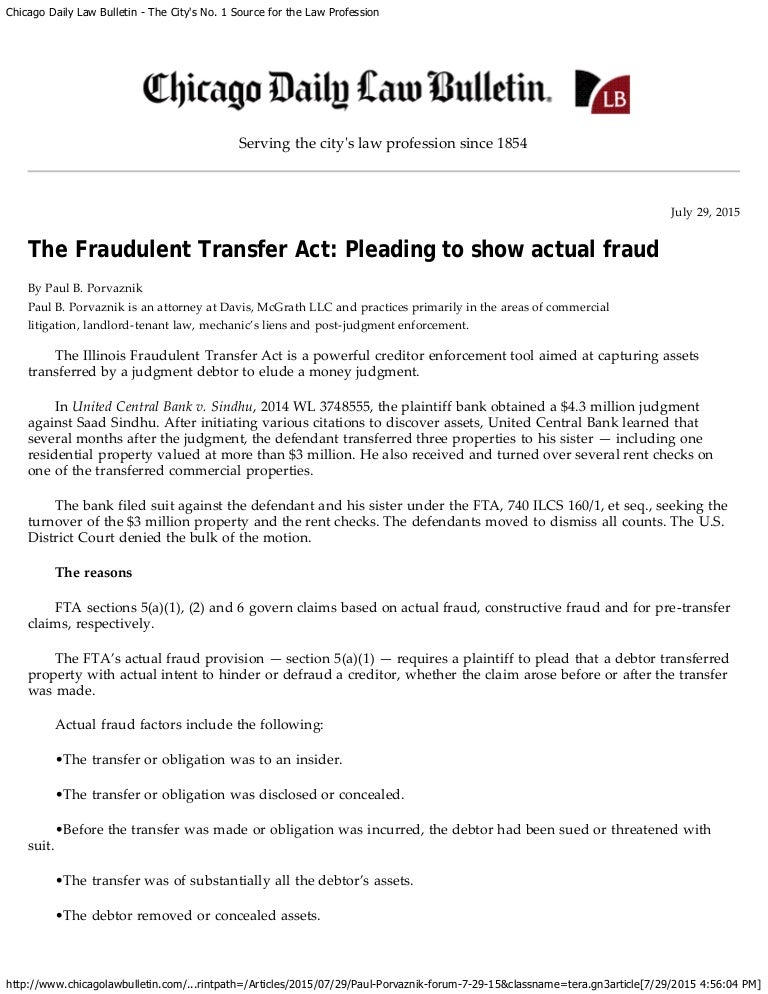 Chicago Daily Law Bulletin 7.29.15 Fraudulent Transfer Act Pleadi…