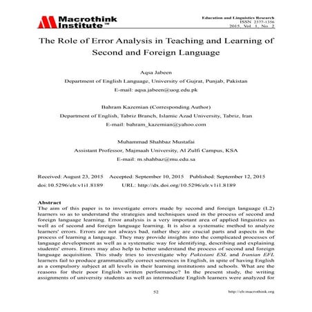 The Role of Error Analysis in Teaching and Learning of Second and Foreign Lan...