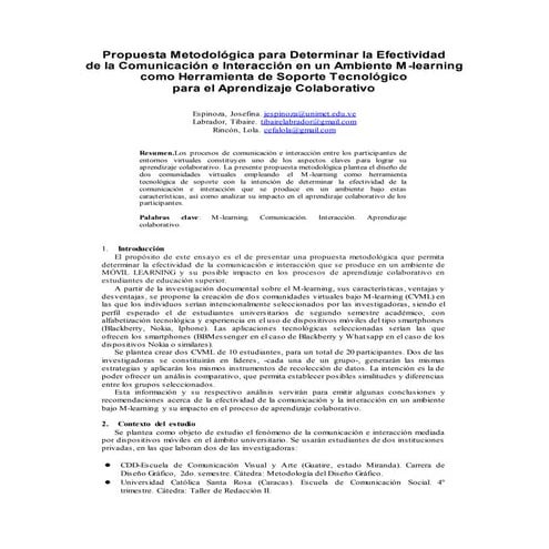 Propuesta Metodológica para Determinar la Efectividad  de la Comunicación e Interacción en un Ambiente M-learning como Herramienta de Soporte Tecnológico  para el Aprendizaje Colaborativo