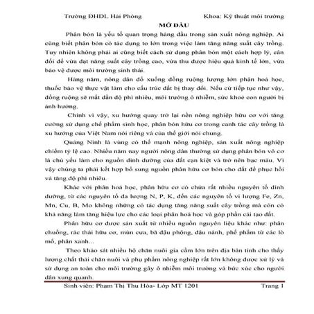 Luận văn: Xử lý phân gà thành phân bón hữu cơ vi sinh, HAY