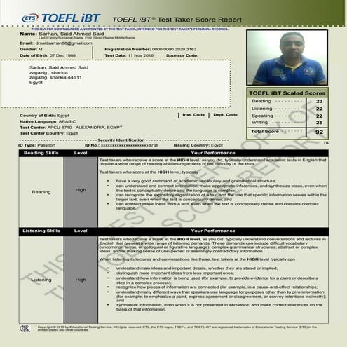 TOEFL SCORE