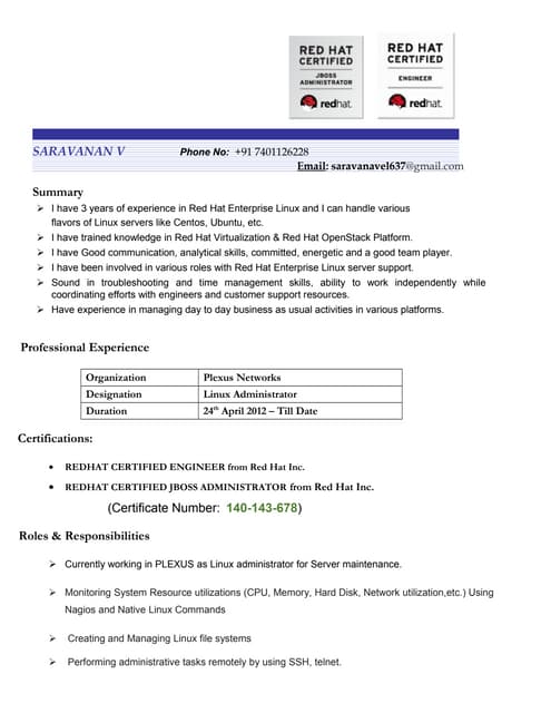 linux fresher resume | DOCX | Operating Systems | Computer Software and ...