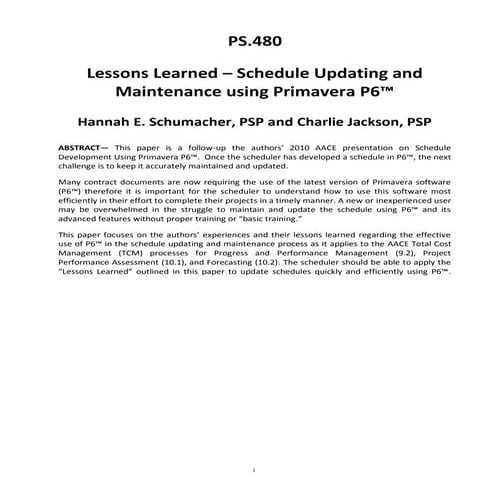 Lessons Learned - Schedule Updating And Maintenance Using Primavera™