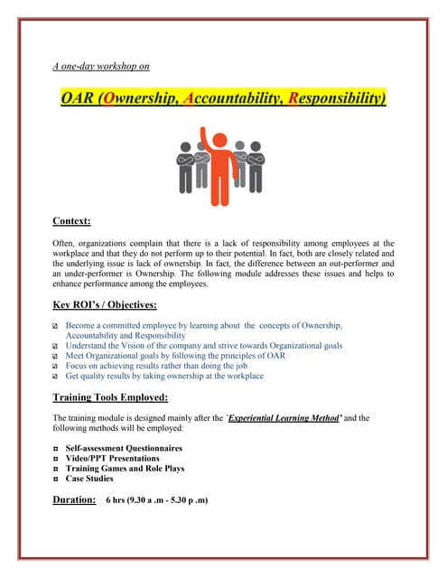 OAR (Ownership, Accountability & Responsibility) Workshop