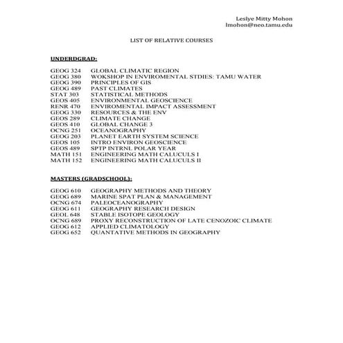 LIST OF RELATIVE COURSES | PDF