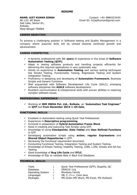 qtp sample resume qtp resume sample