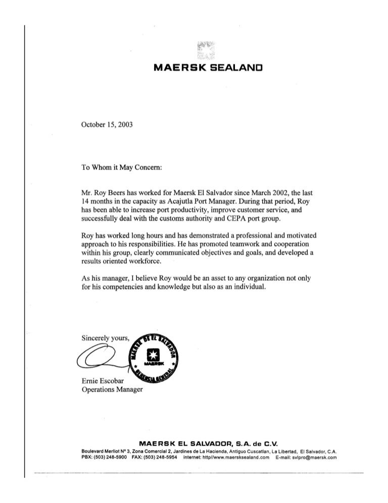 letter from Maersk Sealand