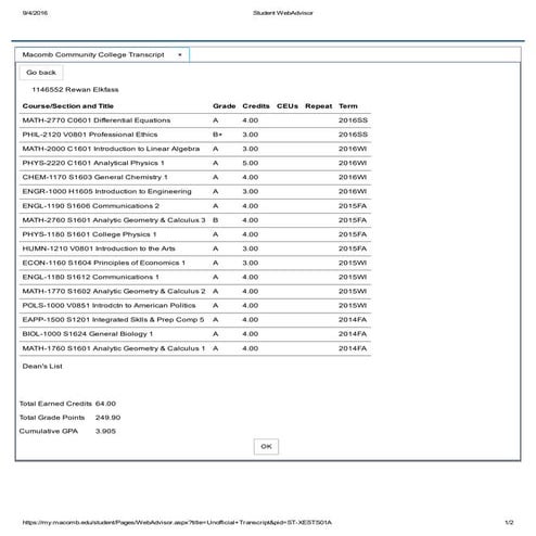 MCC unofficial transcript