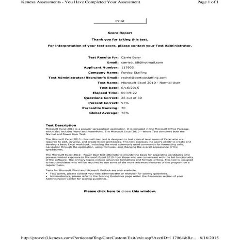 Microsoft Excel 2010 - Normal User Test Results