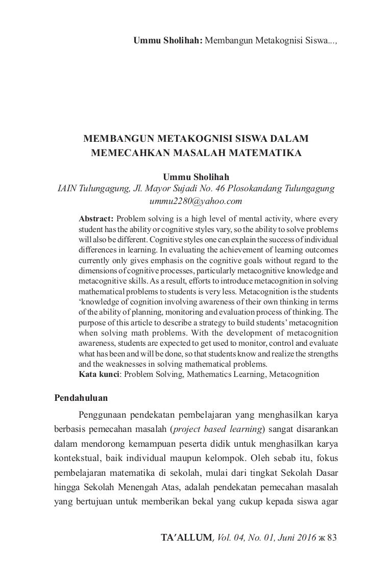 Membangun Metakognisi Siswa Dalam Memecahkan Masalah Matematika