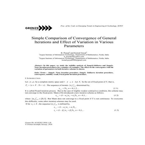 Simple Comparison of Convergence of GeneralIterations and Effect of Variation in VariousParameters