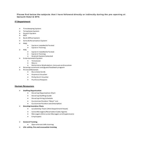 PRE-OPENING OPERATIONS