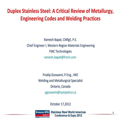 Duplex Stainless Steel - Presentation Oct.16, 2013 Conference