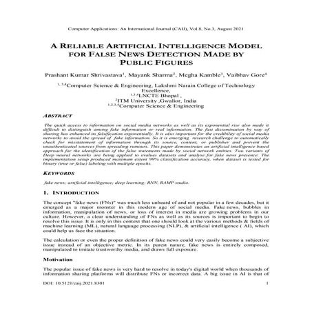 A RELIABLE ARTIFICIAL INTELLIGENCE MODEL FOR FALSE NEWS DETECTION MADE BY  PU...