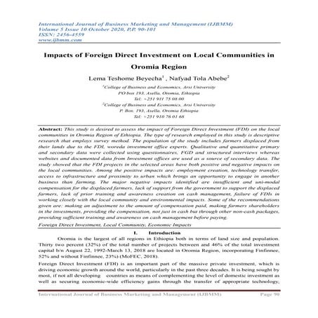 Impacts of Foreign Direct Investment on Local Communities in Oromia ...