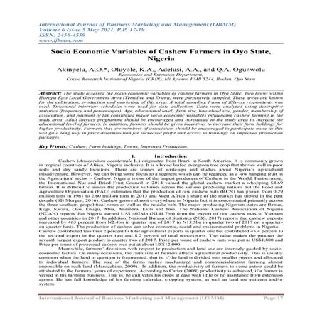 Socio Economic Variables of Cashew Farmers in Oyo State, Nigeria