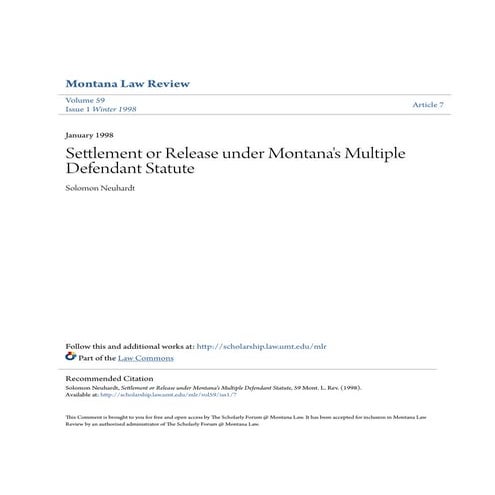 Settlement or Release Under Montanas Multiple Defendant Statute | PDF