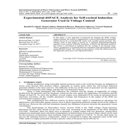 Experimental dSPACE Analysis for Self-excited Induction Generator Used in Vol...