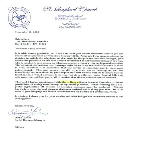 St. Raphael Church Customer Testimonal Letter