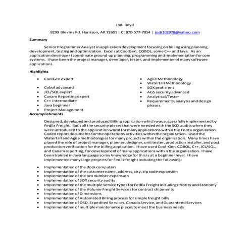 Jodi Boyd Sr Programmer Analyst Resume | PDF