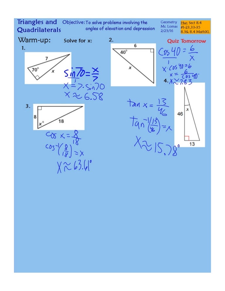 Angle of elevation and depression worksheet with pictures picture
