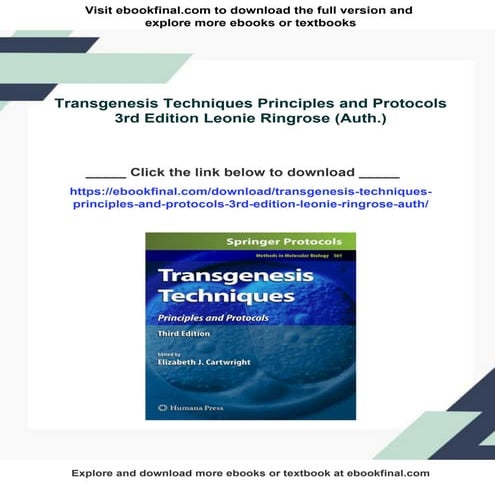 Transgenesis Techniques Principles and Protocols 3rd Edition Leonie Ringrose ...
