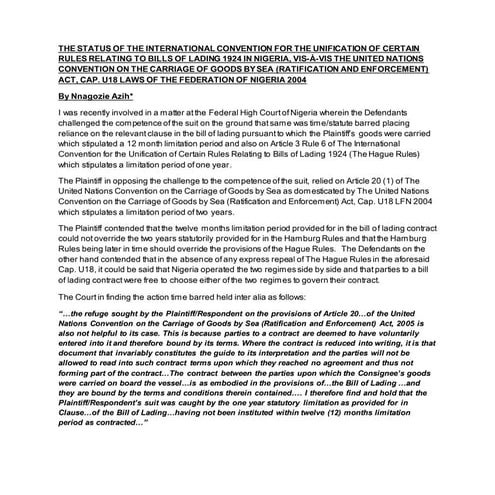 THE STATUS OF THE HAGUE RULES IN NIGERIA VIS-À-VIS THE HAMBURG RULES