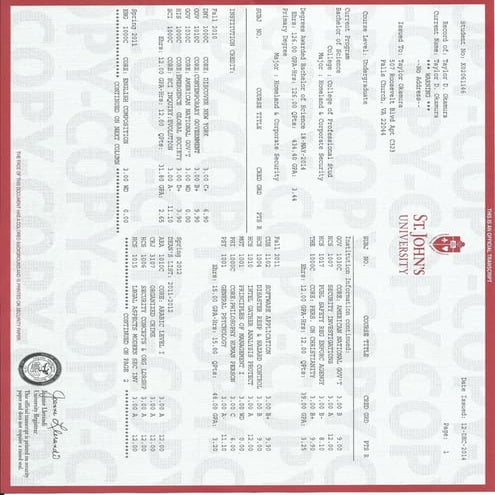 St Johns University Official Transcripts | PDF