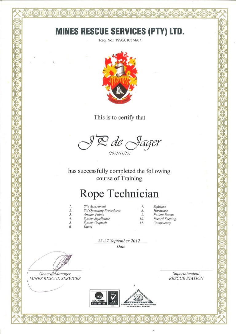 ROPE TECHNICIAN CERTIFICATE
