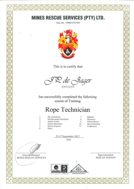 MINES RESQUE CERTIFICATE FOR APPROVED COURSE | PDF