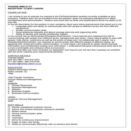 THANDIE MBELE CV RECEPTION CLIENT LIAISON