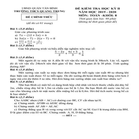 Đề Thi HK2 Toán 8 - THCS Quang Trung