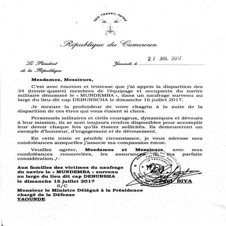 Paul Biya - Président du Cameroun - Message de condoléances du Chef de l’Etat...