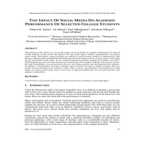 THE IMPACT OF SOCIAL MEDIA ON ACADEMIC PERFORMANCE OF SELECTED COLLEGE STUDENTS